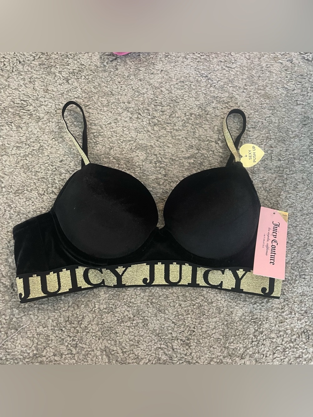 Juicy Couture Black Velvet Logo Band Push-Up Bra 34B NWT